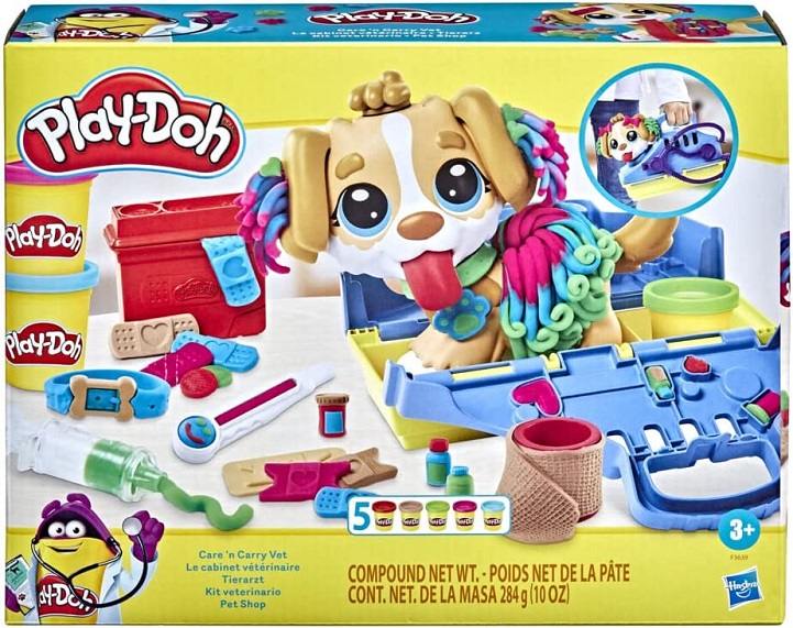 Play-Doh – Set da Veterinario, playset con Cane Giocattolo, trasportino, 10 Strumenti, 5 Colori