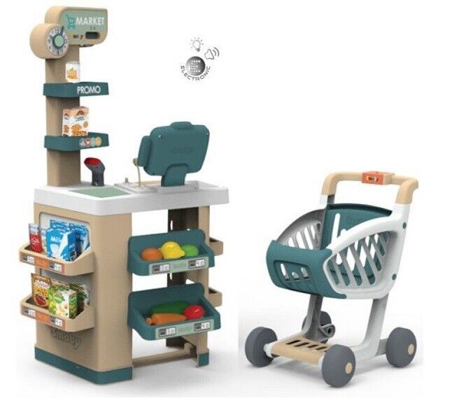 Smoby – Market con Carrello, 3 Anni, Cassa con Lettore Codici a Barre, 34 Accessori, luci e Suoni