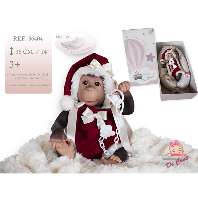 Munecas De Cuna – Bambolotto Artigianale Reborn Scimmietta con ciuccio e cuscino NATALIZIO sogg. MASCHILE
