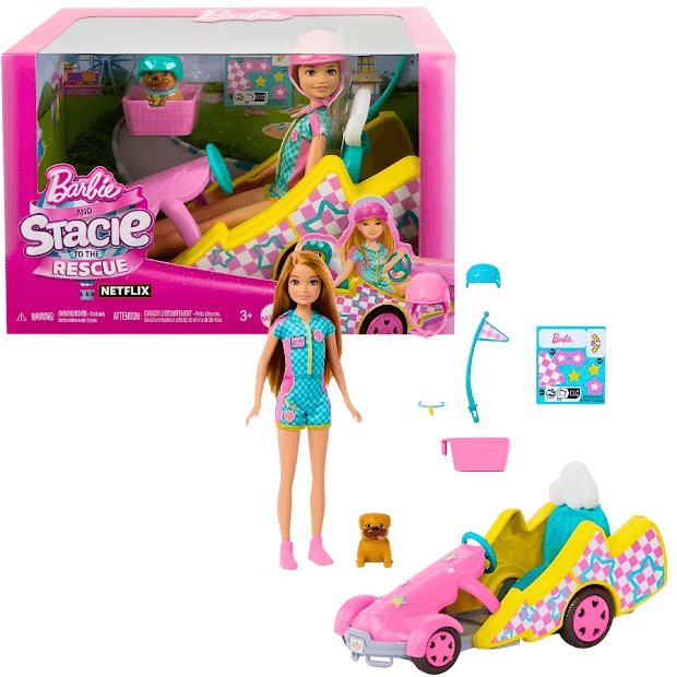Barbie – Stacie Go-kart, playset con bambola e veicolo funzionante, include cucciolo