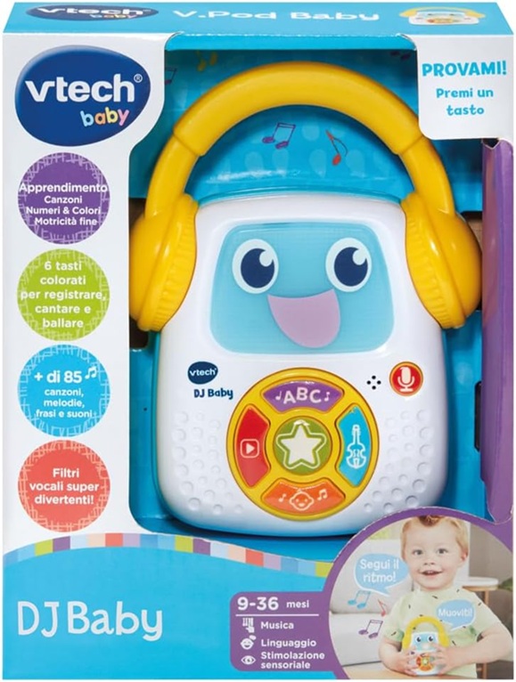 VTech Dj Baby, Giocattolo Musicale Interattivo con 5 Modalità di Gioco, 30 Melodie, Funzione Registrazione, Luci e Spegnimento Automatico, Lingua Italiana, Batterie Incluse, 9-36 Mesi