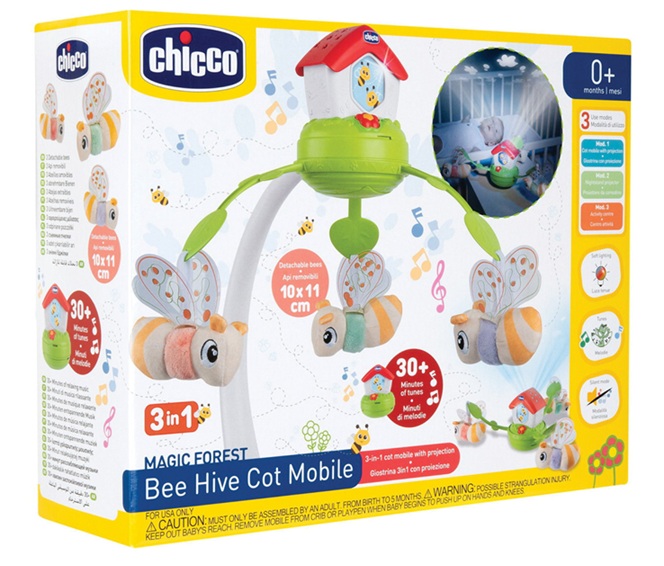 Chicco Giostrina Casina delle Api, Giostrina Evolutiva 3in1 per Culle Centro Attività Elettronico, 30 Minuti di melodie rilassanti  3 Peluches, 0 Mesi+