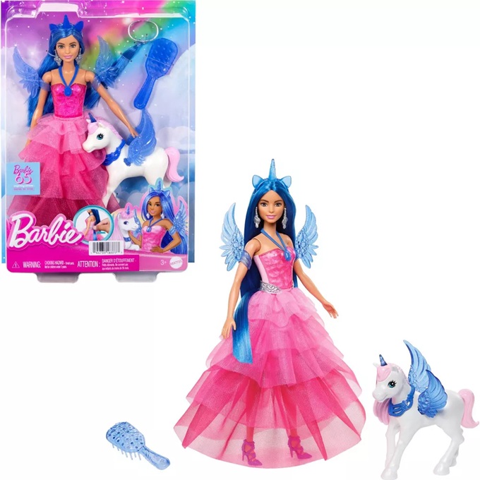 Barbie Unicorno, bambola per il 65° anniversario con capelli blu, abito rosa e alicorno per animali domestici