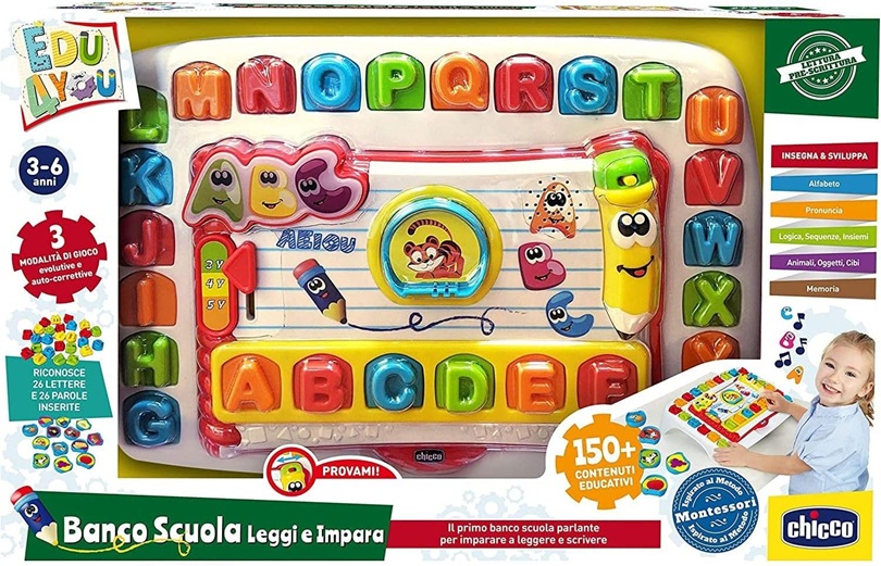 Chicco Banco Scuola Leggi e Impara Educativo Evolutivo Elettronico e Parlante per apprendere le Lettere dell’Alfabeto, Ispirato al Metodo Montessori, 3-6 Anni