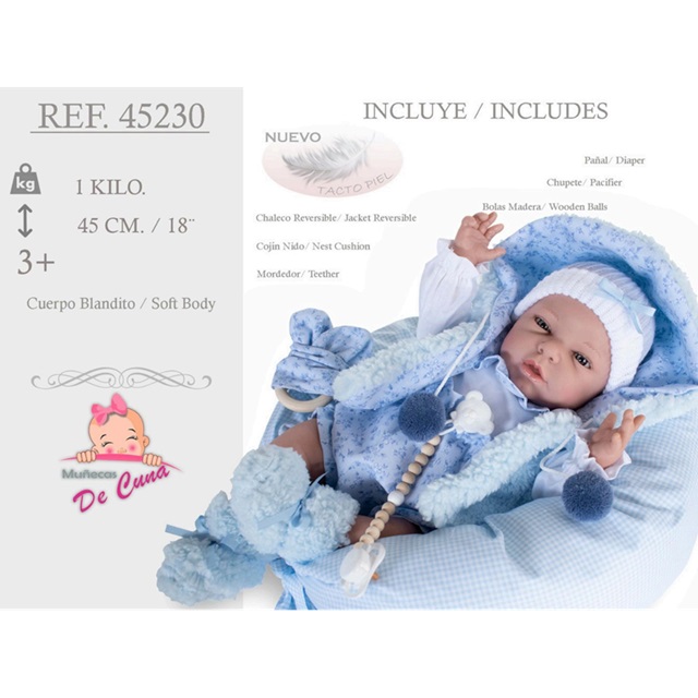 Munecas De Cuna – Bambolotto Artigianale Reborn con Cuscino Nido ed accessori in legno sogg.Maschile