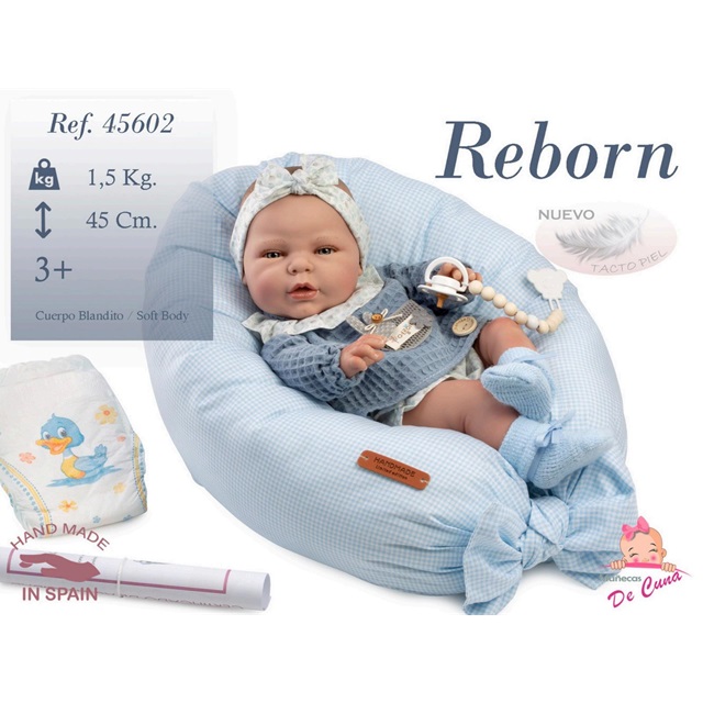 Munecas De Cuna – Bambolotto Artigianale Reborn con cuscino nido e ciccio e accessori in legno sogg. Maschile