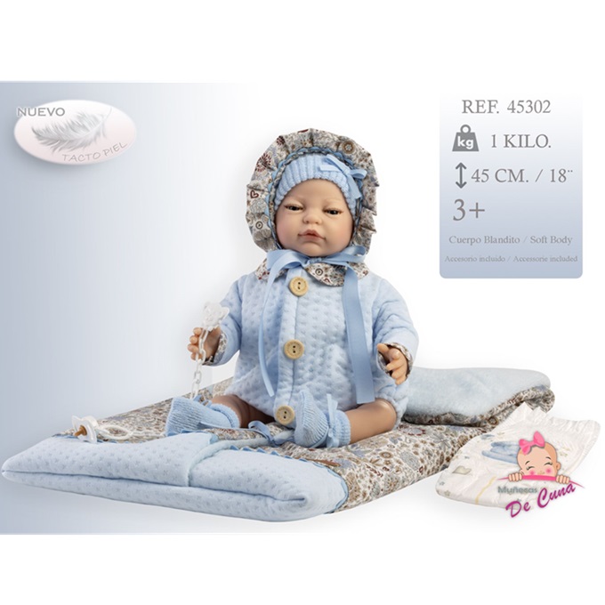 Munecas De Cuna – Bambolotto Artigianale Reborn con cuscino nido, ciuccio pannolino e certificato sogg. maschio