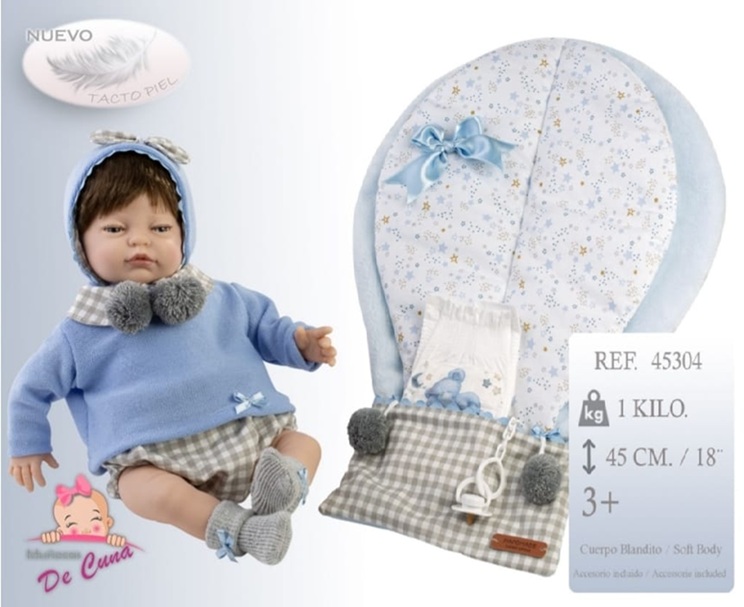 Munecas De Cuna – Bambolotto Artigianale Reborn con capelli,cuscino nido, ciuccio pannolino e certificato sogg. Maschile