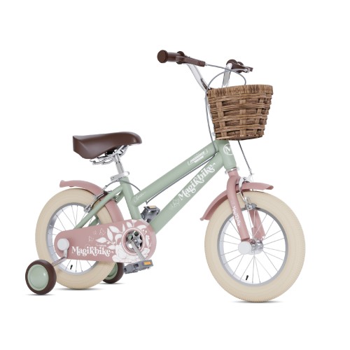 Magic Bike – Bicicletta Modello Classic Antonella mis.12″ col. verde tiffany con cesto finto vimini e guarniture marroni e rosa antico