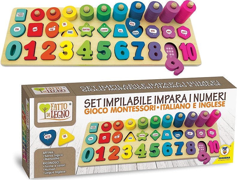 Fatto di Legno – Set Impilabile impara i numeri Gioco Montessori in Italiano e Inglese