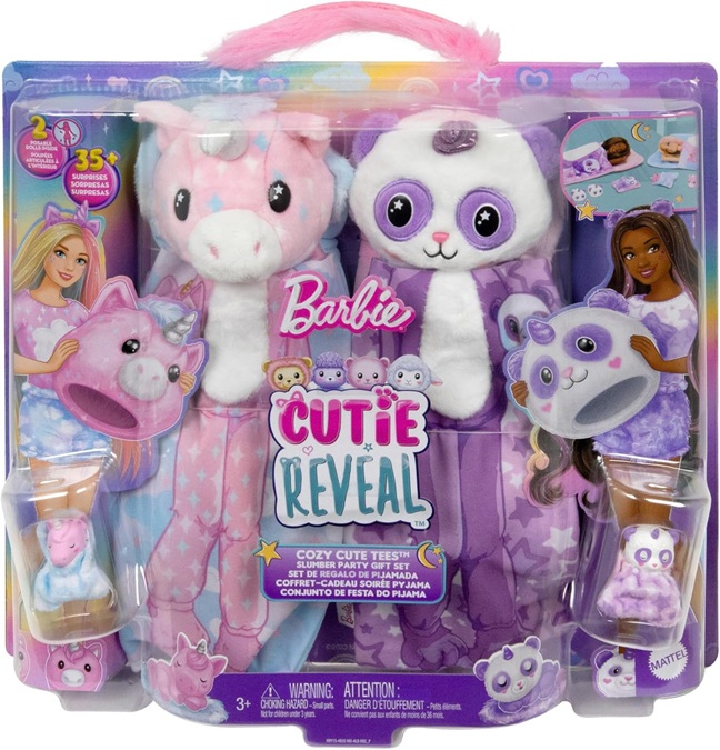 Barbie – Cutie Reveal Pigiama Party Set regalo, con 2 bambole e 2 cuccioli, include 35+ sorprese e costume di peluche, con effetto cambia colore, giocattolo per bambini, 3+ anni, HRY15