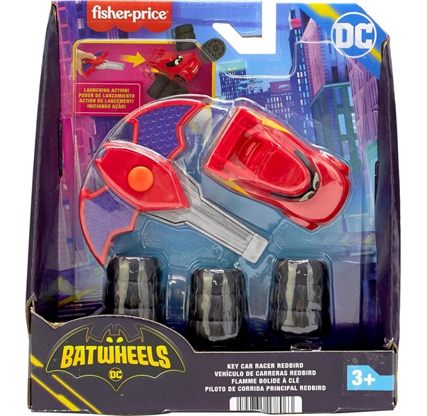 Batwheel DC Fisher-Price in scala 1:55 Bam la Batmobile Sogg.Robin Col.Rosso