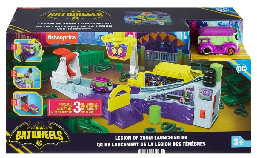 Fisher-Price DC Batwheels – Quartier generale di Lancio della Legion of Zoom, playset con con macchinina, rampa, lanciatore 3+ anni, HNP07