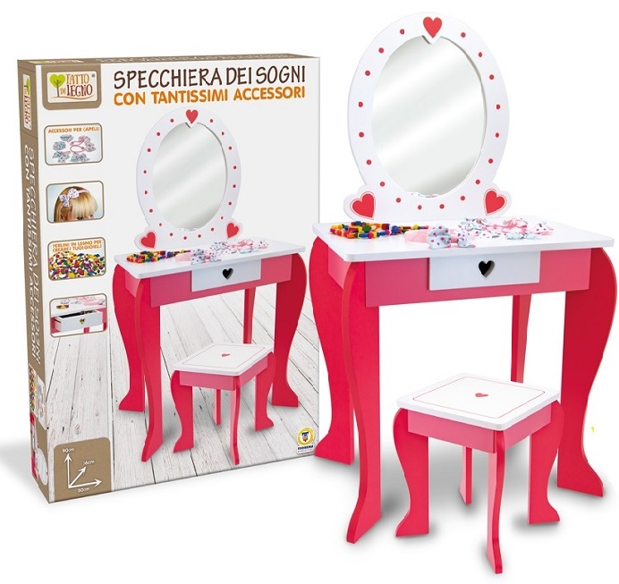 FATTO DI LEGNO – SPECCHIERA C/SGABELLO H.90 CM CON ACCESSORI E PERLINE