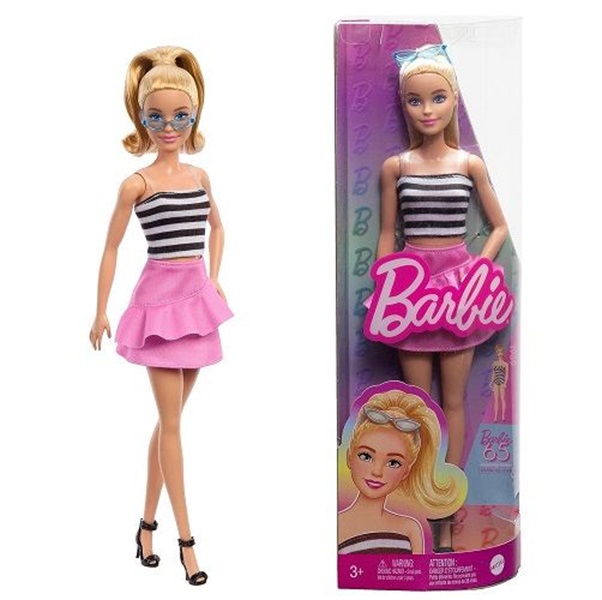Barbie Fashionistas con gonna rosa e corpetto a righe bianconero e occhiali