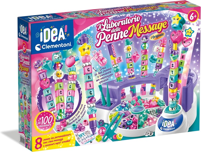 Clementoni Idea – Laboratorio delle Penne Message, Kit Creativo per Bambini con 100+ Accessori e 8 Penne Personalizzabili con Lettere e Charms