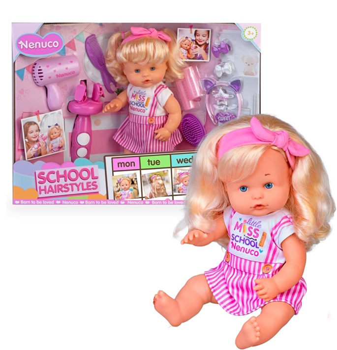 Famosa – Nenuco School Hairstyle Parrucchiera bambola 35 cm, con capelli biondi e accessori per realizzare diverse acconciature