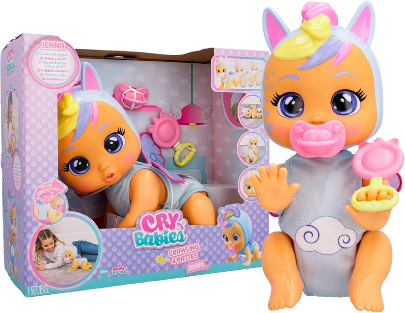 Cry Babies Crawling Jenna, Bambola Interattiva Crawling Jenna Gattona Davvero e Riproduce Realistici Suoni di Bebè Piange Lacrime Vere Quando Perde il Ciuccio