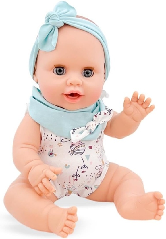 Berjuan – Bambola Baby Susù 38 Cm vestitino verde, mangia e beve con biberon e corredino piattoe posate compreso anche il pannolino