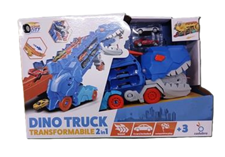 Dino Truck Trasformabile  2 in 1 – Camion con faccia dinosauro che si trasforma e contiene le macchinine.