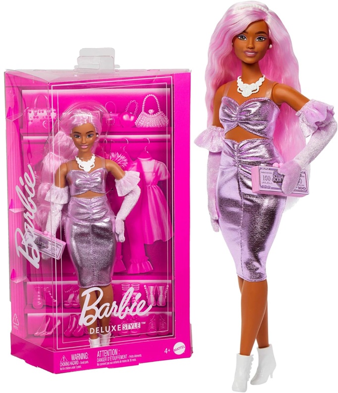 Barbie – Bambola Deluxe Style n.1, con capelli rosa e abito Barbiecore rosa lucido, accessori come guanti in velluto, portamonete e altro ancora inclusi, giocattolo per bambini, 4+ anni, HYV25
