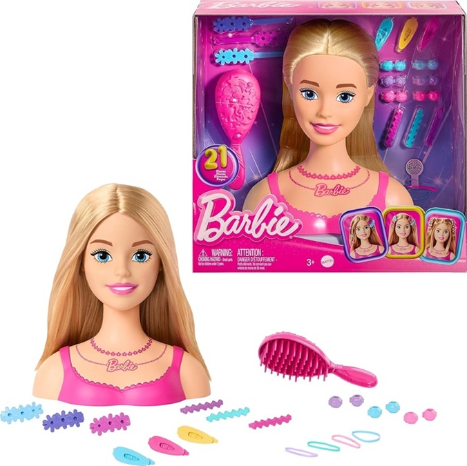 Barbie Styling Head -Testa per acconciare le bambole, capelli biondi con 20 accessori colorati, testa di bambola per acconciature HMD88