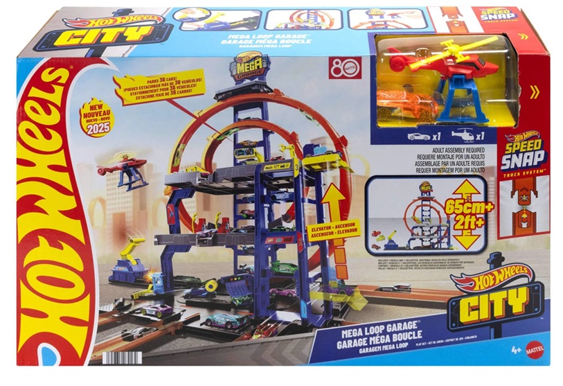 Hot Wheels – Mega Garage, Set Pista con 3 Livelli di Gioco e 2 Loop, macchinina ed Elicottero Inclusi 4+ Anni, JLC05
