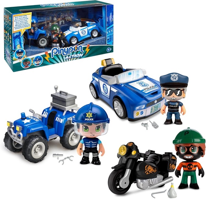 Pinypon Action – Pack Veicoli con quad, auto e moto, e 3 figure diverse, 2 pupazzi della polizia e un ladro