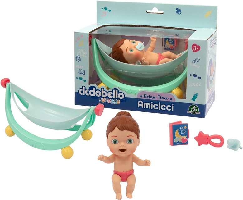 Amicicci – Relax Time, Dondola culla per il sonnellino, con libro, sonaglino e ciuccio. Include 1 personaggio Cicciobello