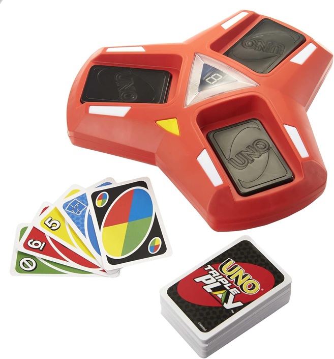 Mattel Games – UNO Triple Play Gioco di Carte con Porta-Carte, Luci Led e Suoni, 7+Anni, HCC21