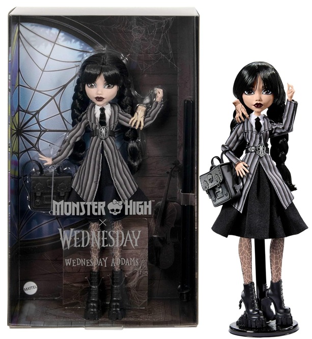 Monster High Mercoledì, bambola e accessori, Mercoledì Addams da collezione in uniforme Nevermore Academy con Mano; zaino e piedistallo per bambola, HXJ04