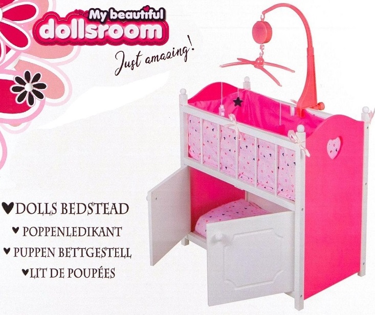 Dollsroom – Lettino bambolotti in legno con giostrina musicale e vano portaoggetti col. bianco fuxia
