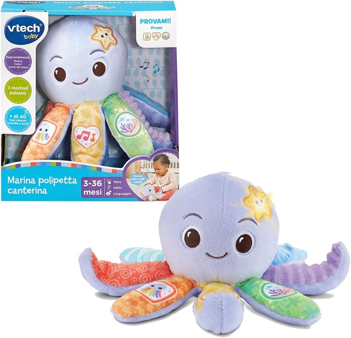 VTech Marina Polipetta Canterina, Animale Peluche Interattivo con 18 Canzoni, Melodie, Modalità Musica e Natura, 3 Pulsanti Interattivi, Lingua Italiana, Batterie Incluse, 3-36 Mesi