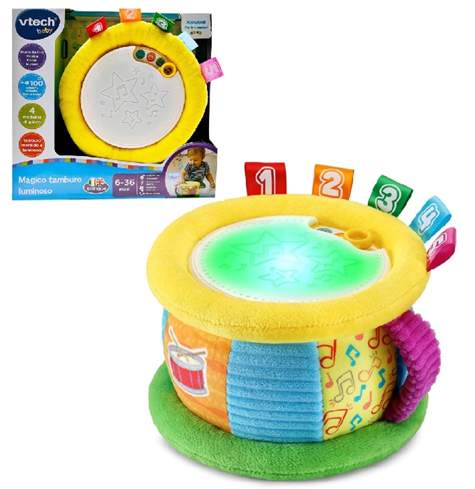 VTech Magic Drum Light, Magico tamburo luminoso, bilingue it-in 4 modalità com effetti luminosi e sonori, spegnimento automatico 6 a 36 mesi