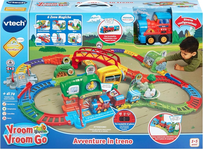 VTech Vroom Vroom Go – Avventure in Treno, Pista Trenino Elettrico con Ostacoli,  6 Zone Magiche, Lingua Italiana, Batterie Incluse, 1-5 Anni