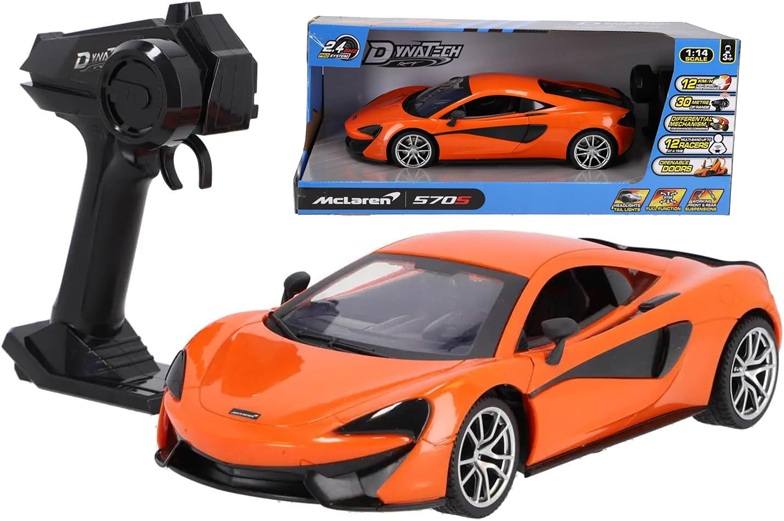 Dynatech McLaren 570S RC Auto 1:14, colore arancione, veicolo telecomandato con controllo a 2,4 GHz e velocità massima di 12 km/h, per bambini dai 3 anni in su