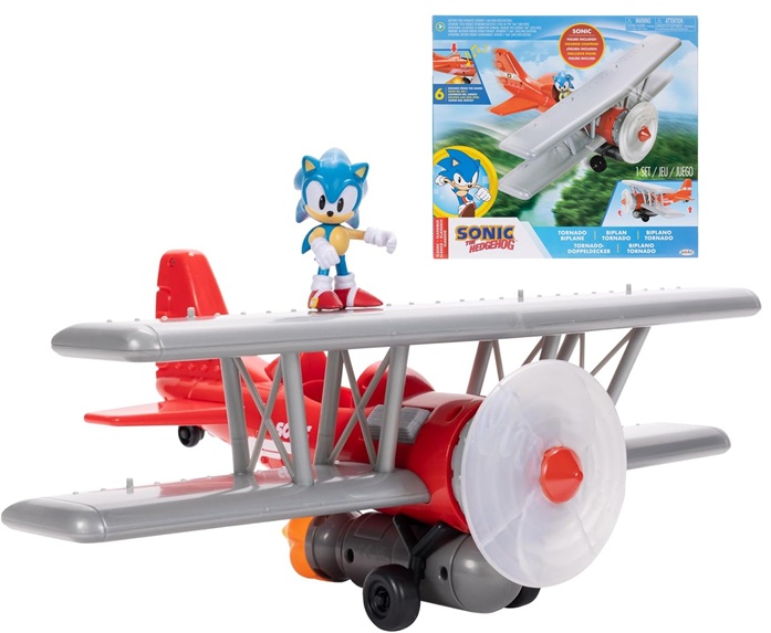 Sonic The Hedgehog set da gioco biplano Tornado, include action figure di Sonic da 6 cm, elica rotante, fiamma accesa, 6 effetti sonori.