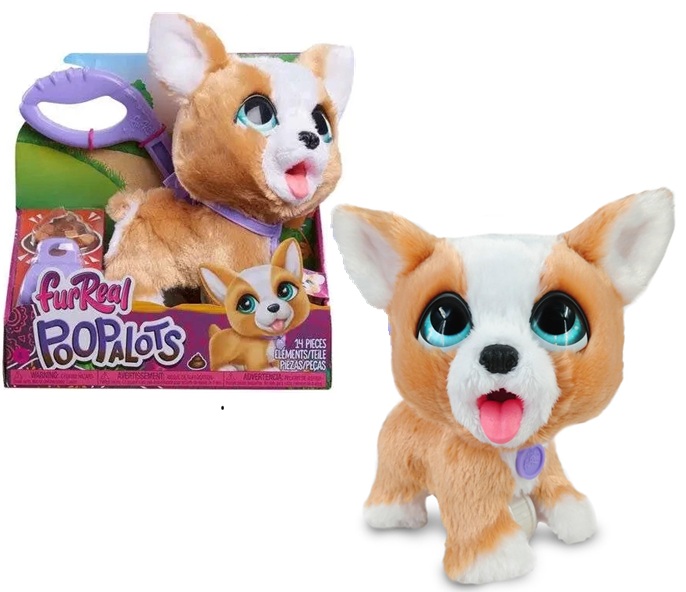Fur Real Friends Cagnolino Poopin’s Corbi cucciolo di peluche che cammina da 20 cm, 14 pezzi, giocattoli per bambini dai 4 anni +