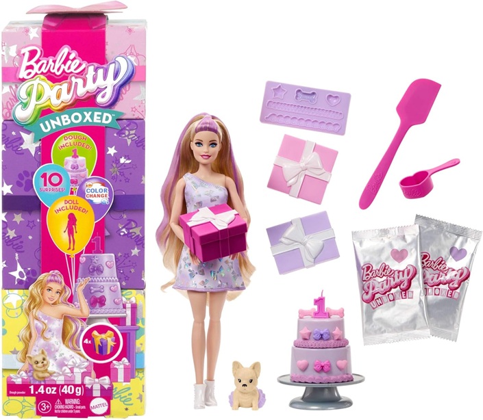Barbie Party Surprise – Birthday Bows, bambola con 10 accessori a sopresa, effetto cambia colore e decorazioni per la torta, giocattolo per bambini, 3+ anni, JFG70