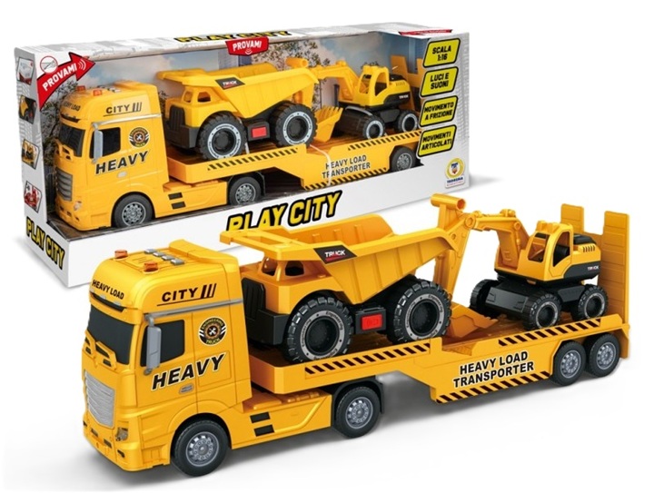 PLAY CITY – TIR CANTIERE CON CAMION TRASPORTO PIETRA E SCAVATORE A FRIZIONE CON LUCI SUONI SCALA 1:16