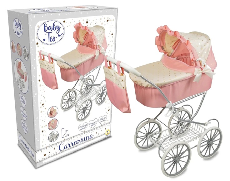 Carrozzina calssica in metallo  H. CM 90 Col.Rosa e panna