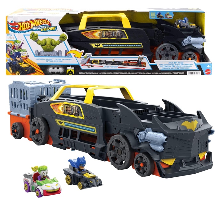 Hot Wheels RacerVerse – La fuga di Batman, veicolo trasformabile in pista circuito a 3 corsie, include 2 macchinine, Batman Die-Cast e RacerVerse Joker,  4+ anni, HXN21