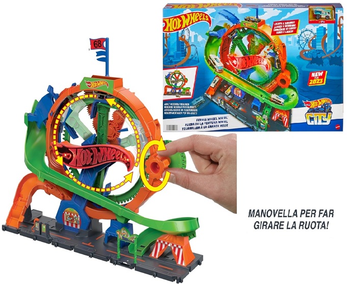 Hot Wheels City – Ruota Panoramica, playset con pista circolare attivabile con luci e suoni del luna park, 1 macchinina Hot Wheels inclusa, giocattolo per bambini, 3+ anni, HKX46