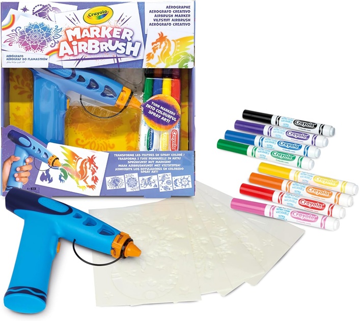 CRAYOLA Marker Airbrush – Aerografo Creativo per Bambini con 8 Pennarelli Lavabili e 5 Stencil, Giocattolo Educativo per Attività Artistiche, da 6 anni, 74-7696