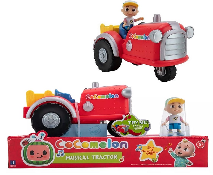 CoComelon, Trattore musicale rosso, veicolo che riproduce la canzone “Old MacDonald” (in inglese) e versi di animali, Trattore musicale ed action figure 7 cm,