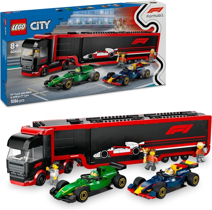 LEGO City Autotrasportatore F1 con Monoposto RB20 e AMR24 F1 – Camion Giocattolo da Costruire con 2 Modelli di Auto da Corsa dei team Red Bull e Aston Martin – Include 2 piloti e Simulatore 60445