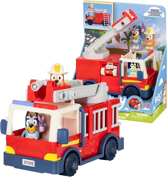 Bluey Veicolo  Il Camion dei Pompieri di Bluey – Veicolo a spinta funzionante con scaletta mobile e accessori – Action figures compresa