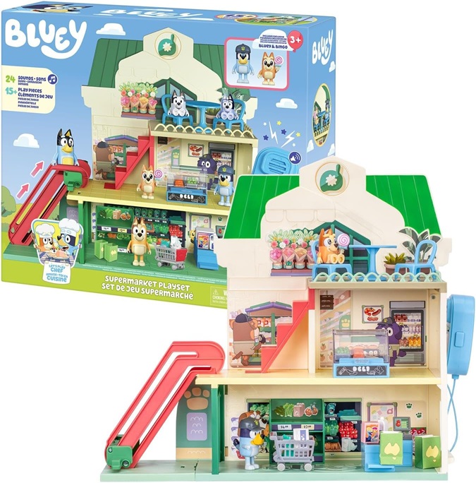 Bluey – Il Supermercato di Bluey – Playset con 2 Action Figures, Accessori e adesivi