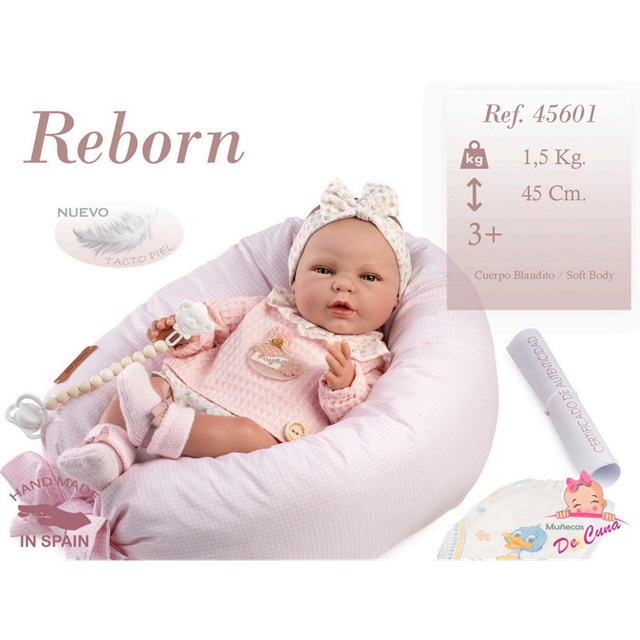 Munecas De Cuna – Bambolotto Artigianale Reborn con cuscino nido, ciuccio pannolino e certificato