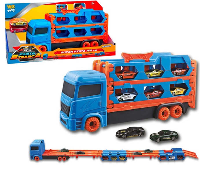 Camion 2 in 1 Trasportatore e  Super Pista, veicolo convertibile con 2 macchinine 4+